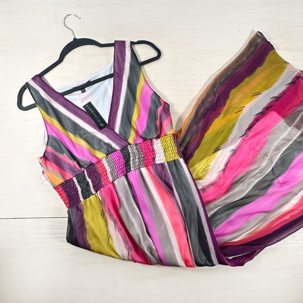 Chaudry KC Maxi Dress Elastic Waist‎ Sleeveless Vertical Stripes Size XL Pink